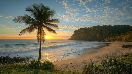 A lone palm tree on the beach at sunset