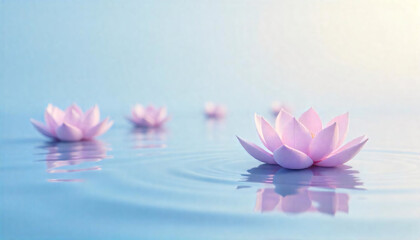 Delicate pink lotus flowers floating on calm water, evoking serenity and peacefulness.