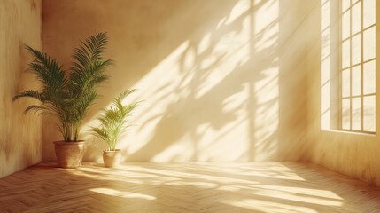 Sunny beige room with potted palms