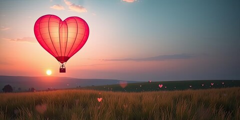 Fototapeta premium Romantic Heart Shaped Hot Air Balloon Sunset Flight Over Field