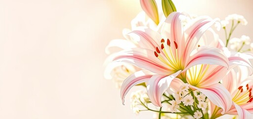 Elegant Pink Lilies Baby s Breath Flowers Bouquet Spring Floral Background