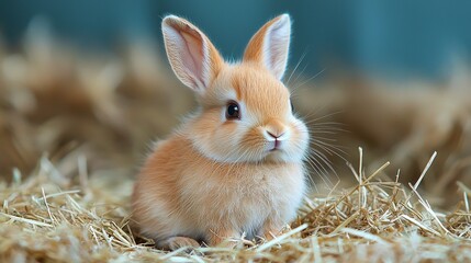A small brown rabbit sitting on top of a pile of hay