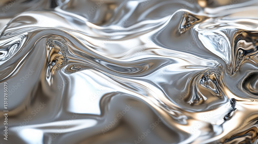 Poster liquid metal waves. abstract background of liquid metal fluid with smooth waves and dynamic reflecti
