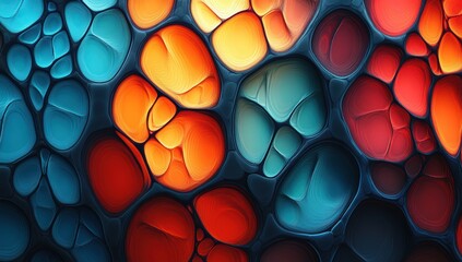 Abstract colorful digital art with fluid organic shapes in shades of blue red and orange featuring a futuristic textured pattern resembling cellular structure