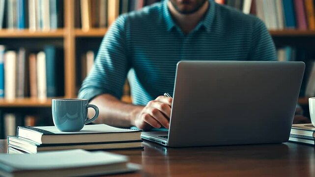 A cozy home office with a student taking an online course on their laptop, surrounded by textbooks and a coffee cup.