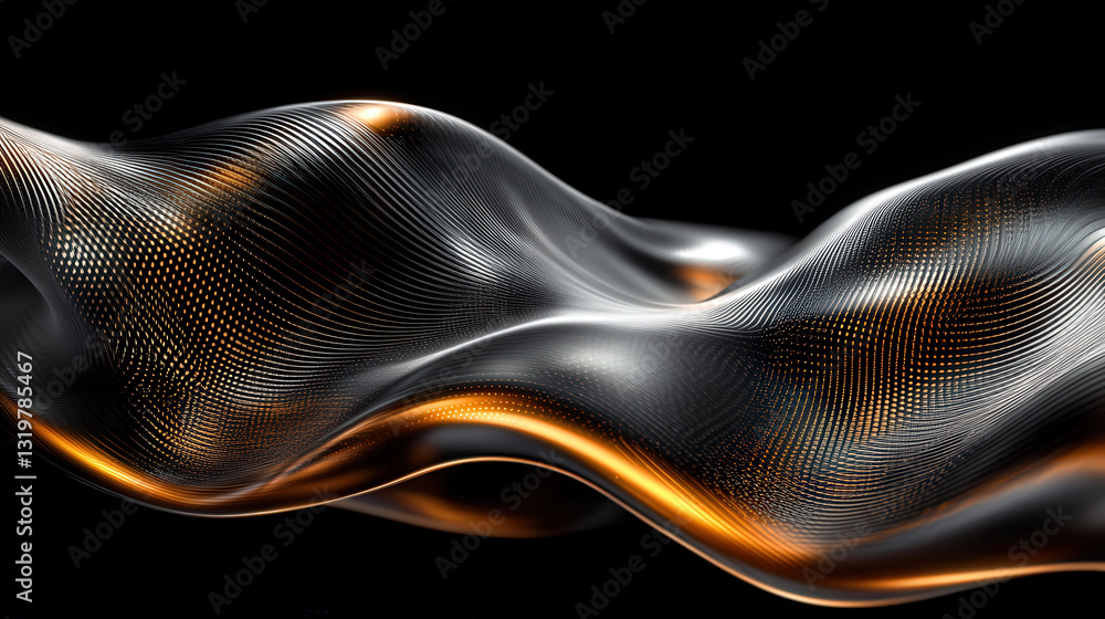 Poster chromatic metallic flow. an abstract rendering showcases a flowing form with chromatic, liquid metal