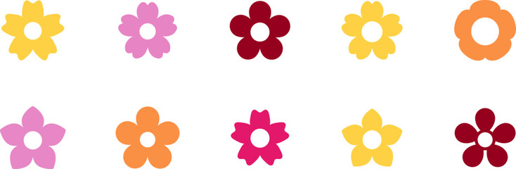 Set of simple flower icon illustration. Apple, cherry, plum, apricot, pear or peach blossoms. Kids cute decor. Hippy groovy daisy flowers set. Retro vintage style, hand drawn decorative elements.