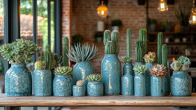 A row of blue vases filled with different types of succulents