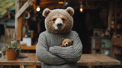 A  bear holding a baby bear in its arms