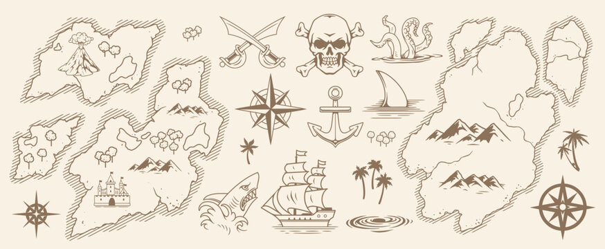 Pirate treasure map with sea creatures