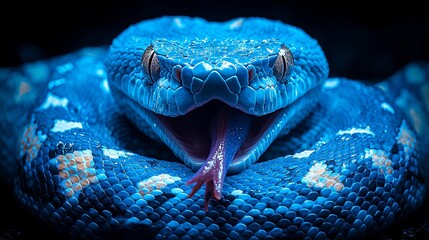 A close up of a blue snake with its mouth open
