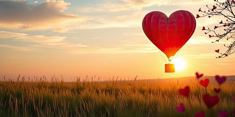 Fototapeta premium Heart Shaped Hot Air Balloon Sunset Romance