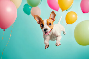 Playful jack russell terrier jumping among colorful balloons