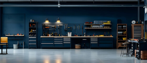 Empty Professional Workshop Interior With Blue Cabinets Wooden Workbench And Tools Organized On Shelves In A Dark Industrial Style Setting With Grey