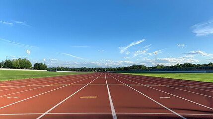 Red Running Track With White Lane Lines On A Green Sports Field Under A Blue Sky With Few Clouds On A Summer Day