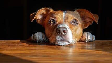 A brown and white dog laying on top of a wooden table
