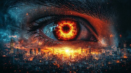  A close up of a person's eye with a city in the background