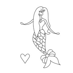 Mermaid monochrome linear icon with long hair and bow on tail stock vector