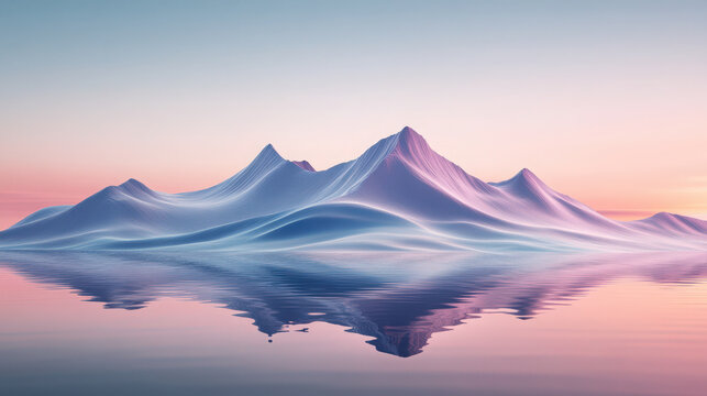 Chromatic Liquid Metal. Abstract liquid metal formation with smooth chromatic gradients reflects on the calm water surface in soft pink and blue tones.