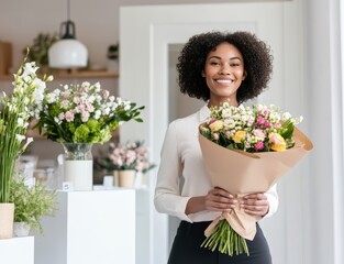 black woman florist holding bouquet, successful small business owner in flower shop  

