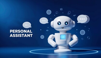 Robot personal assistant smiling with speech bubbles on blue background