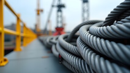 construction site, steel cable railing, yellow barrier, blurred background, tower cranes, industrial, urban development, close-up