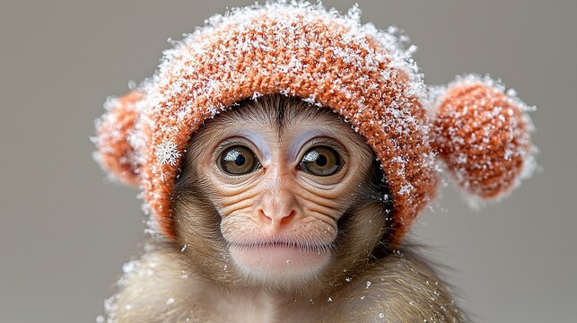 A monkey wearing a knitted hat covered in snow