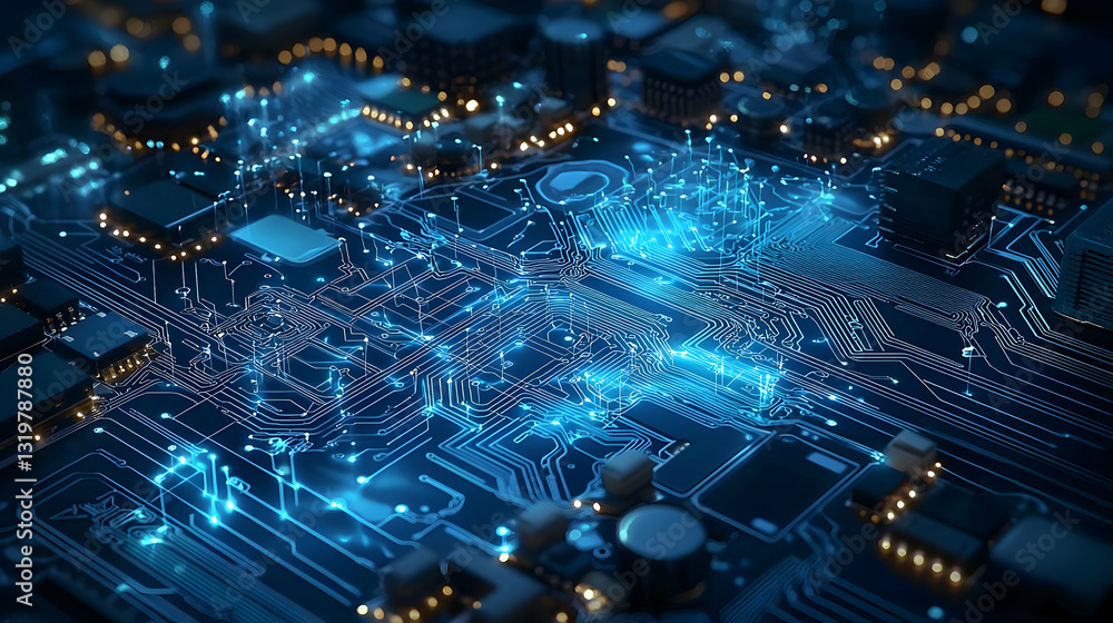 Aufkleber futuristic blue circuit board with glowing data flow and digital connections in dark environment opt