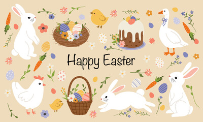 Cute Easter set with painted eggs,goose, rabbits, chickens, flowers, cakes. Easter and spring elements. Vector illustration in flat style. Happy Easter	