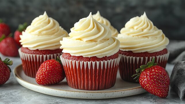 A plate of red velvet cupcakes with cream cheese frosting and strawberries