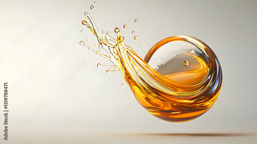Poster dynamic splash of golden liquid forming a translucent sphere against a clean white backdrop in a mod
