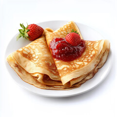 crepes with jam and strawberries on a white plate, isolated