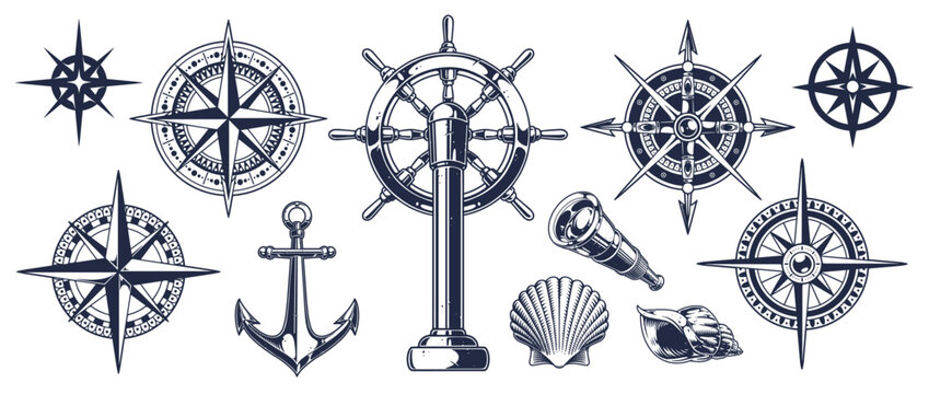 Nautical symbols and artifacts displayed together