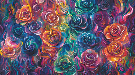A vibrant tapestry of iridescent roses, each petal a brushstroke of color, creating a harmonious blend of hues that evoke a sense of joy and wonder. Opalescent Hues. Illustration