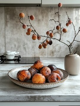 A splate placed on a bright, modern kitchen counter, filled with spoiled, rotten fruits