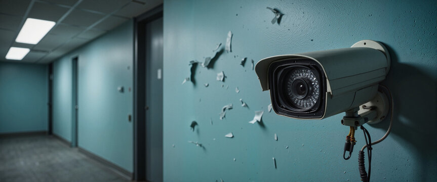 Broken CCTV camera on prison wall, forensic investigation theme
