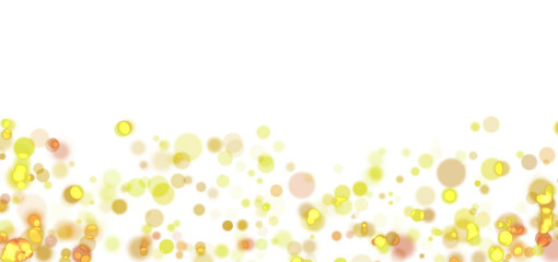 Abstract gold glitter yellow background bokeh glitter lights in round sparkle shapes or circles, sparkling celebration, bright bubble transparent light, gold sparkle. Shining dust, glowing confetti. 