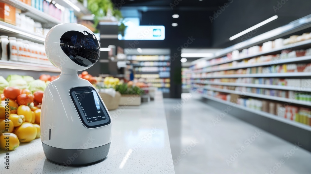 Poster smart cashier streamlines shopping experience in automated supermarket checkout area during busy day
