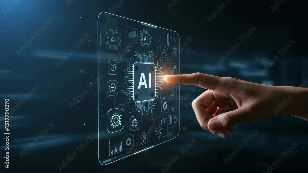 Poster hand interacts with ai interface on virtual screen footage. man uses artificial intelligence technol