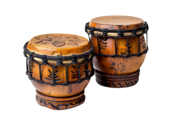 Beautifully crafted bongo drums with a rich wood texture and traditional appearance isolated on transparent background