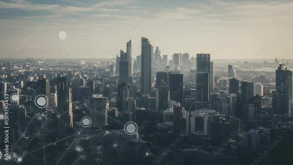Aufkleber smart city network connection motion footage. modern cityscape with data nodes and linked web of inf