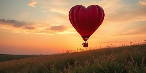 Fototapeta premium Heart Shaped Hot Air Balloon Sunset Flight Over Grassland