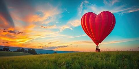 Fototapeta premium Heart Shaped Hot Air Balloon at Sunset over Green Field