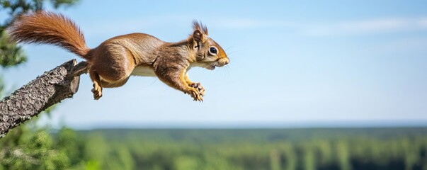Obraz premium A vibrant red squirrel gracefully leaping from a tree branch