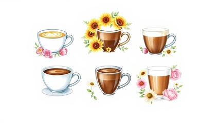 Coffee Cups Latte Art Sunflowers Roses Floral Design Beverage Cafe Drink Hot Drink Morning Coffee