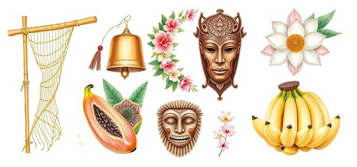 Tropical Paradise Masks Fruits Flowers Fishing Net