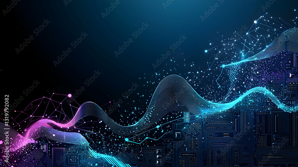 Poster dynamic abstract digital wave flowing in a futuristic dark blue and purple gradient background with 
