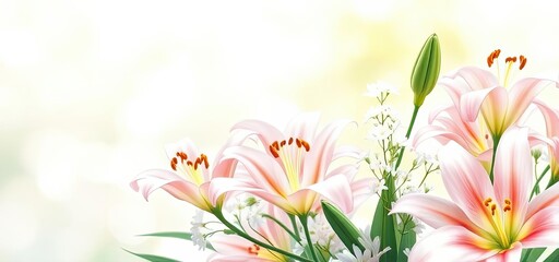 Fototapeta premium Beautiful Pink Lilies and White Flowers Bouquet Spring Bloom