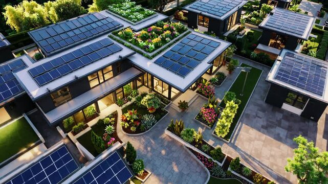 Explore a contemporary neighborhood designed with sustainability in mind, featuring solar panels, lush gardens, and vibrant landscaping, showcasing eco-conscious living