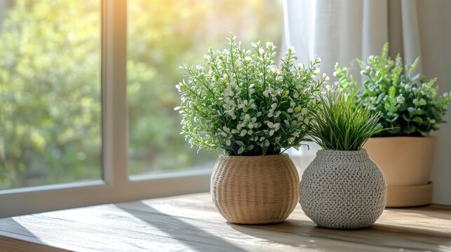 An inspiring image of eco-friendly spring decor ideas, showcasing natural and sustainable decorations such as potted plants, repurposed materials, and organic fabrics, creating a green and fresh look.